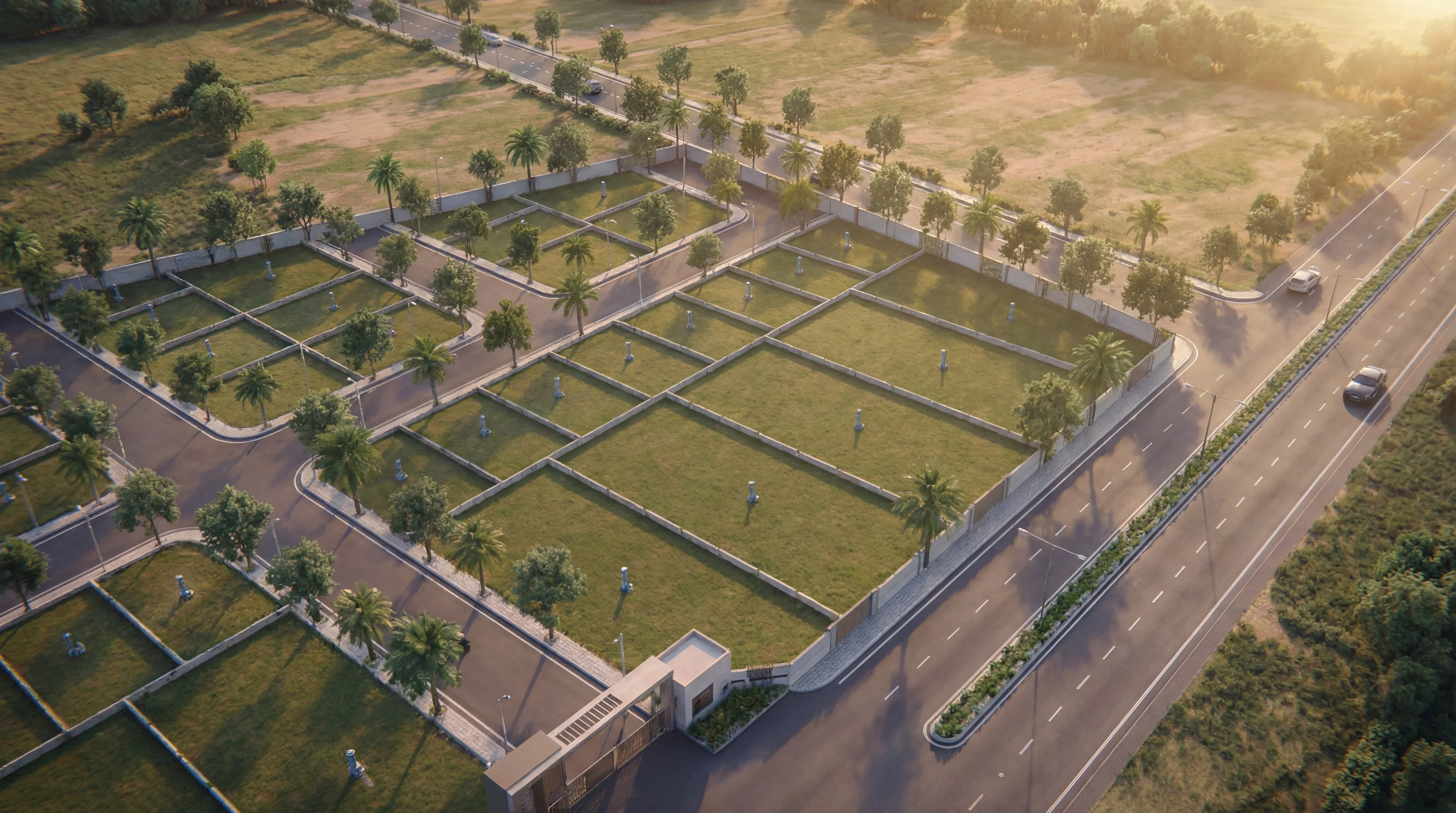 Aaroha aerial master plan — 49 approved open plots, gated community with compound wall, Bellary Highway Anantapur