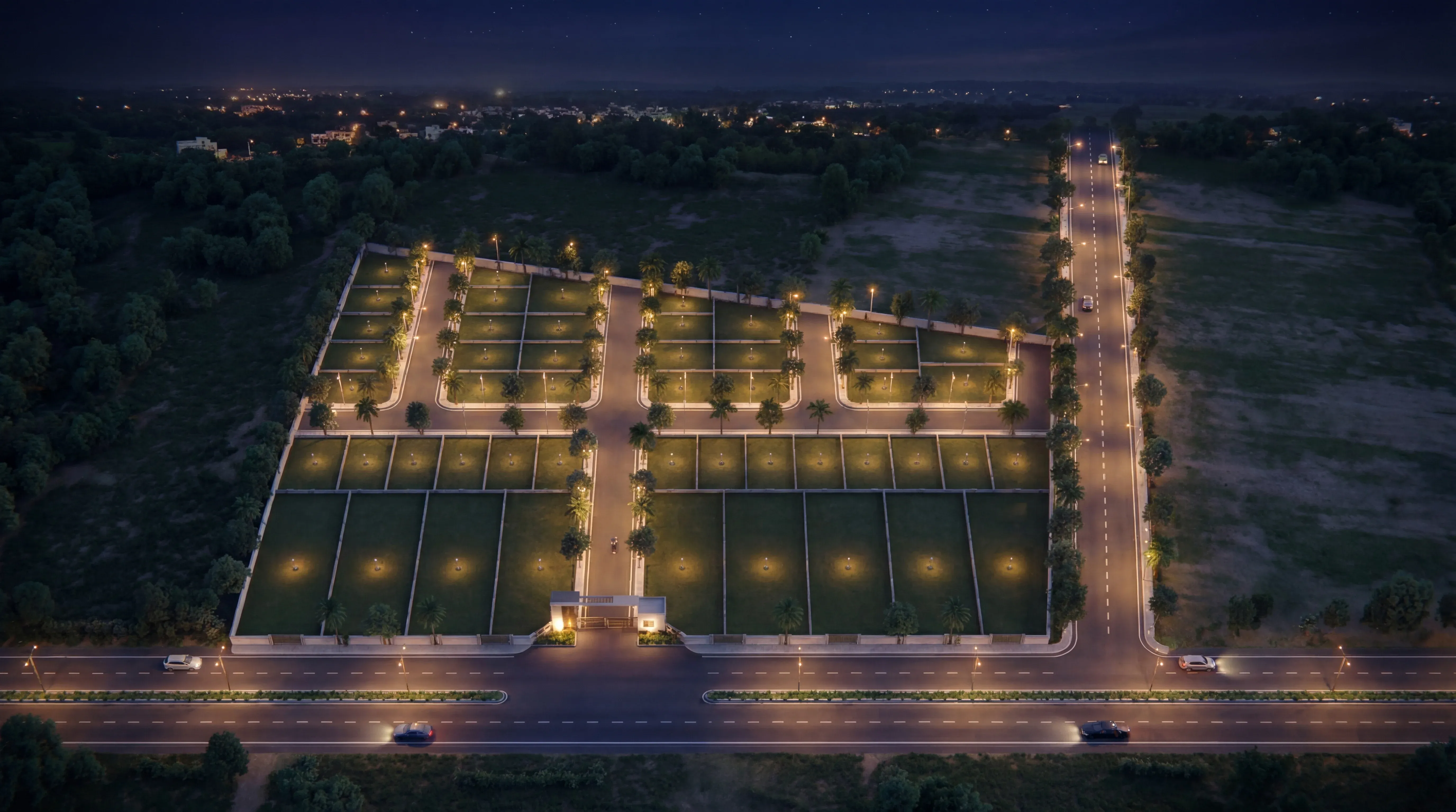 Aaroha gated community aerial night view — illuminated street lights across all plots and internal roads, Anantapur