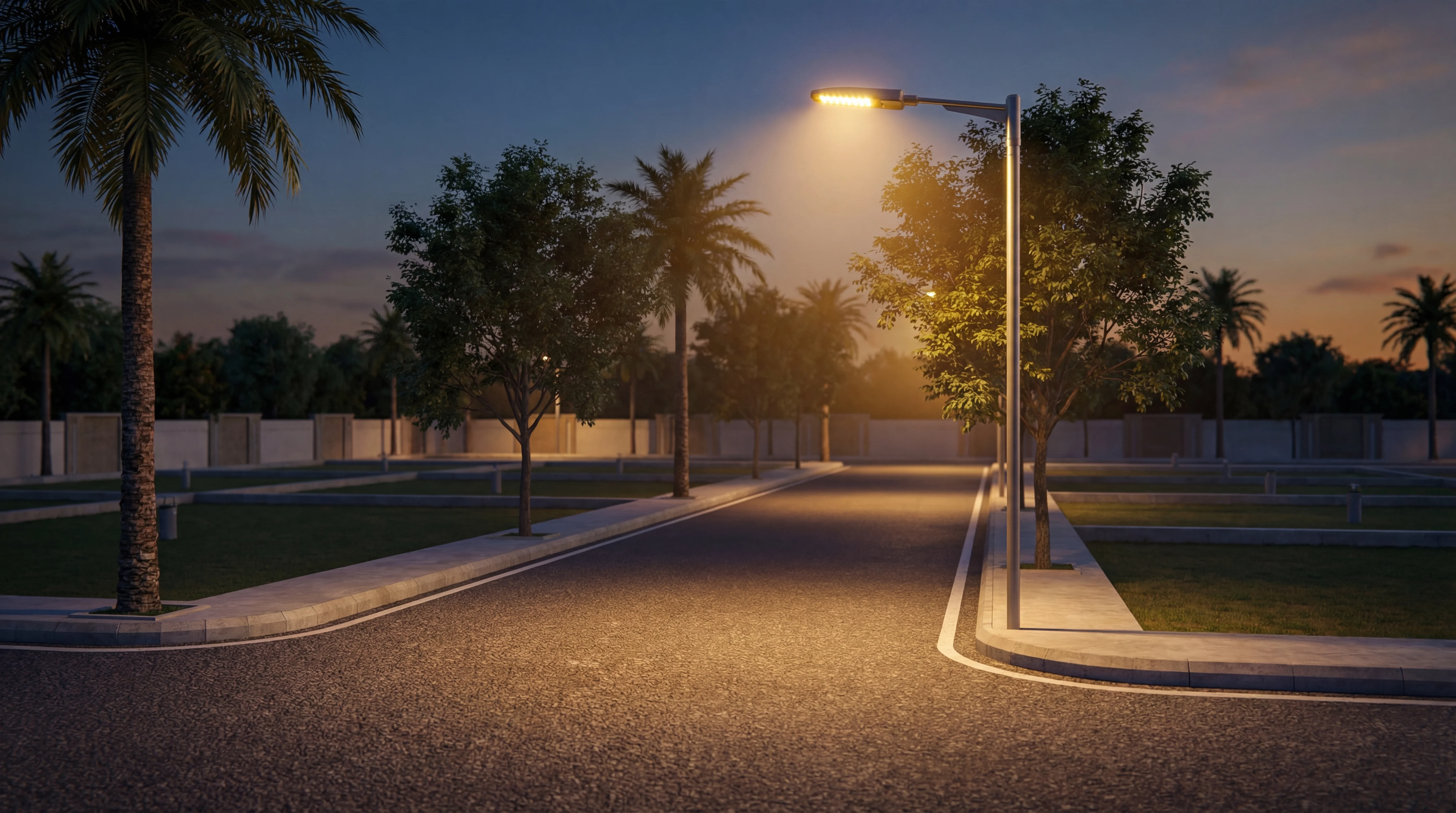Aaroha street lighting at dusk — pole-mounted lights installed on all internal roads throughout the gated community