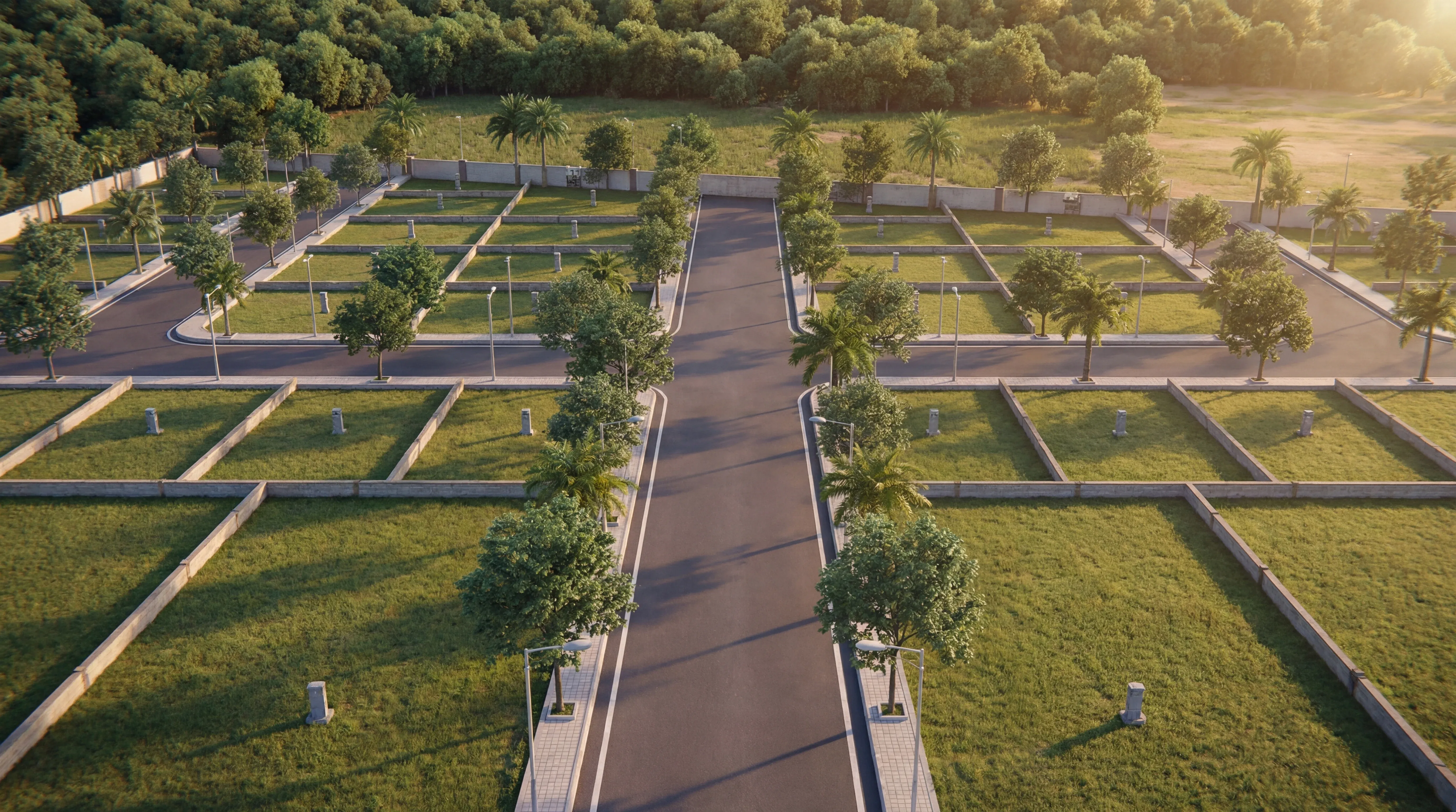 Aaroha internal layout roads aerial view — individually demarcated plots with trees, greenery and perimeter compound wall