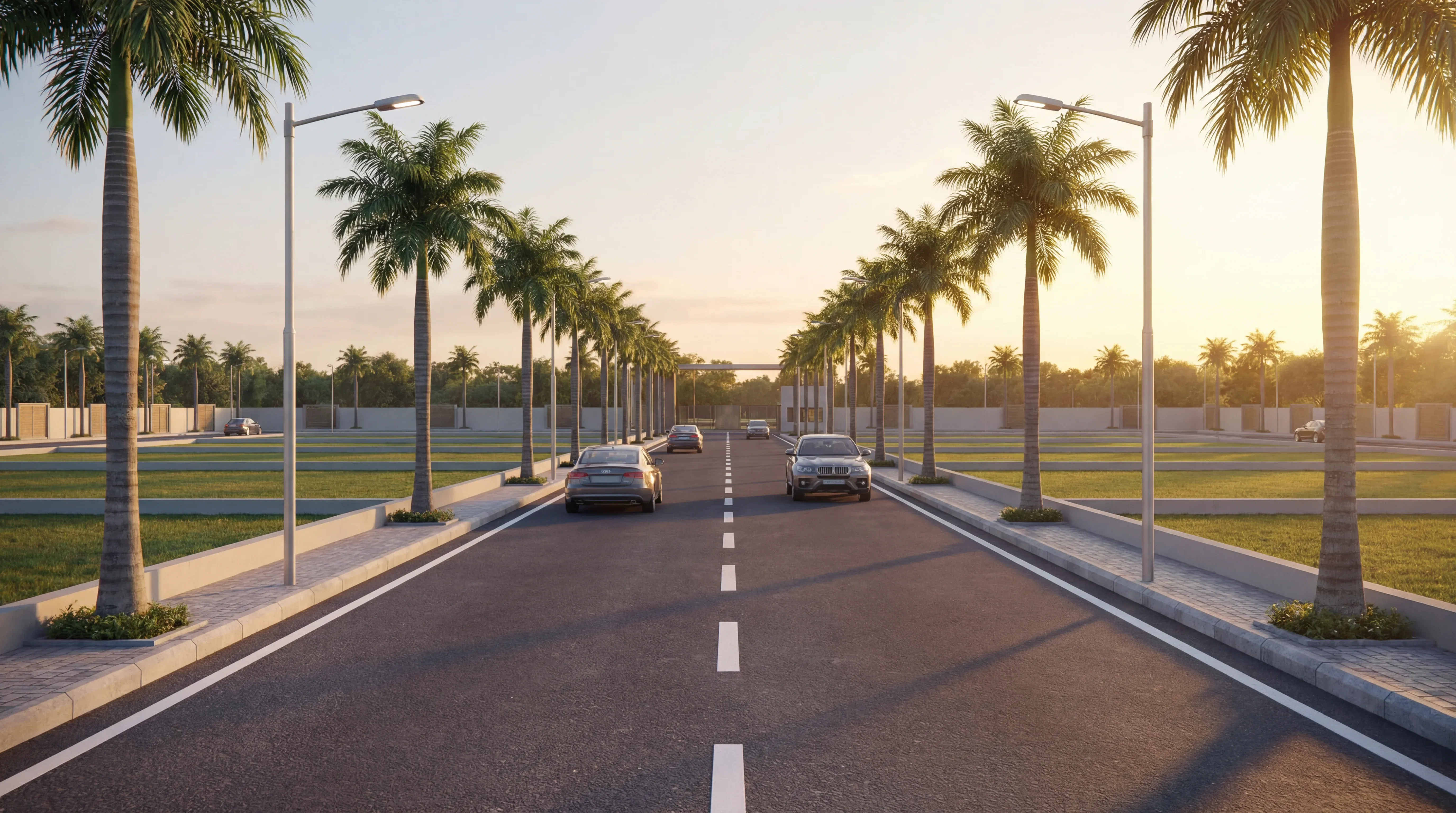 Aaroha 30-foot BT road with palm trees and street lights — main road at golden hour, Bellary Highway Anantapur